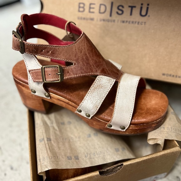 Bed Stu Devlin Platform Sandals Nectar Lux Rustic Wood & Leather Heels - Picture 8 of 9